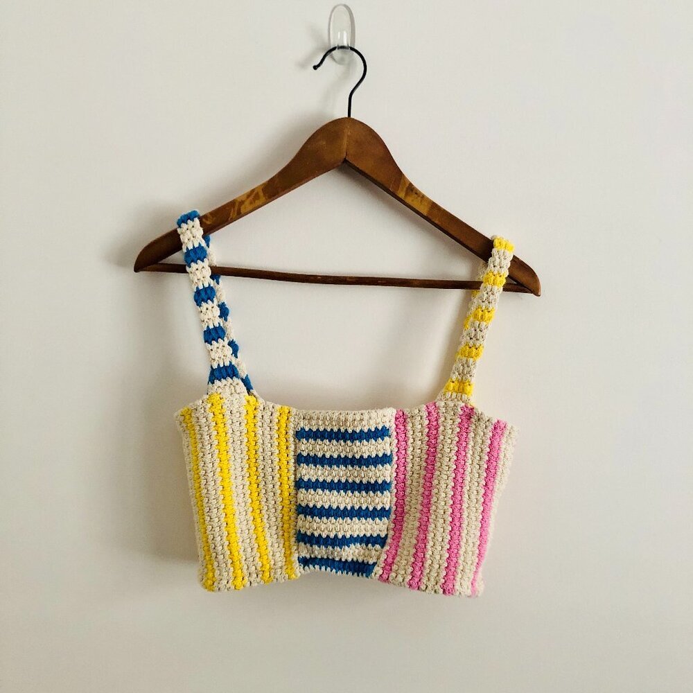 NWOT ZARA Striped Crochet Knit Crop Top Multicolor Boho Festival Cotton Size M